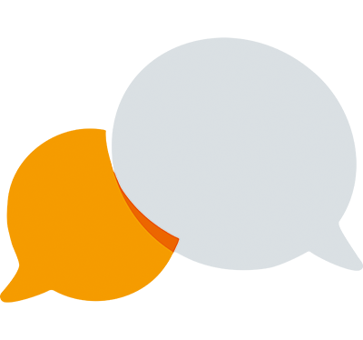 Illustration: Zwei Sprechblasen, die sich überschneiden. Die linke Sprechblase ist orange, die rechte ist grau. Die Illustration steht für die Beratungsarbeit von B.U.D. Bayern.